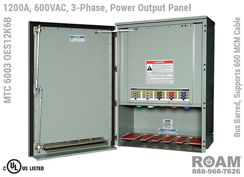 MTC 6003 OES12K6B - 1200A/600VAC - 3-Phase Power Output Panel - Connection Panel - Tap Box - Docking Station - Bus Barred - Up to 600MCM Cable - Front View - Door Open - Three-Phase Power Output Interface Box - 575VAC, 577VAC, & 600VAC - 600v (575v, 577v, & 600v) - Door Open - Showing E1016 (J-Series/16-Series) Female Cam-Lok Connectors - Cam-Lock - MTC6003OES12K6B - UL/cUL Listed