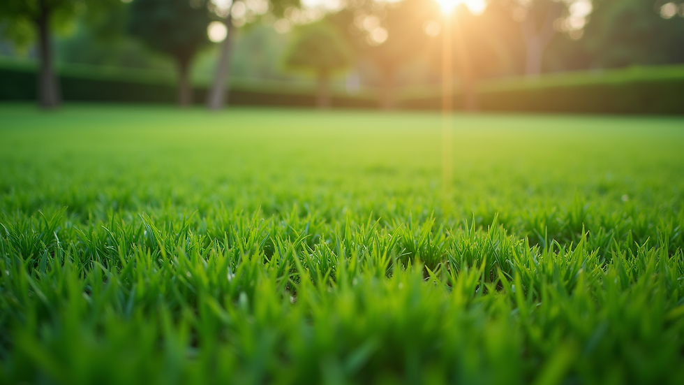 Eye-level view of a lush green lawn with freshly mowed grass