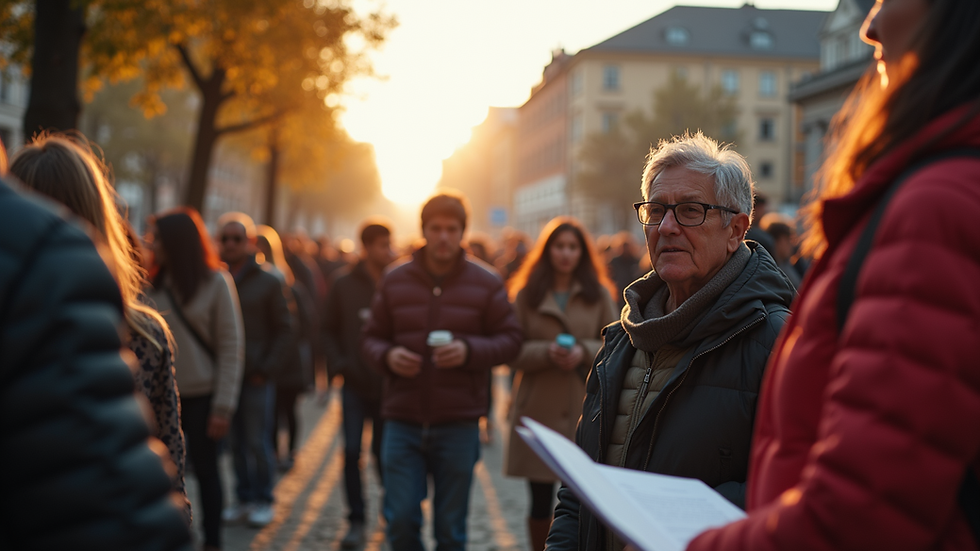 Eye-level view of a community gathering with engaged citizens