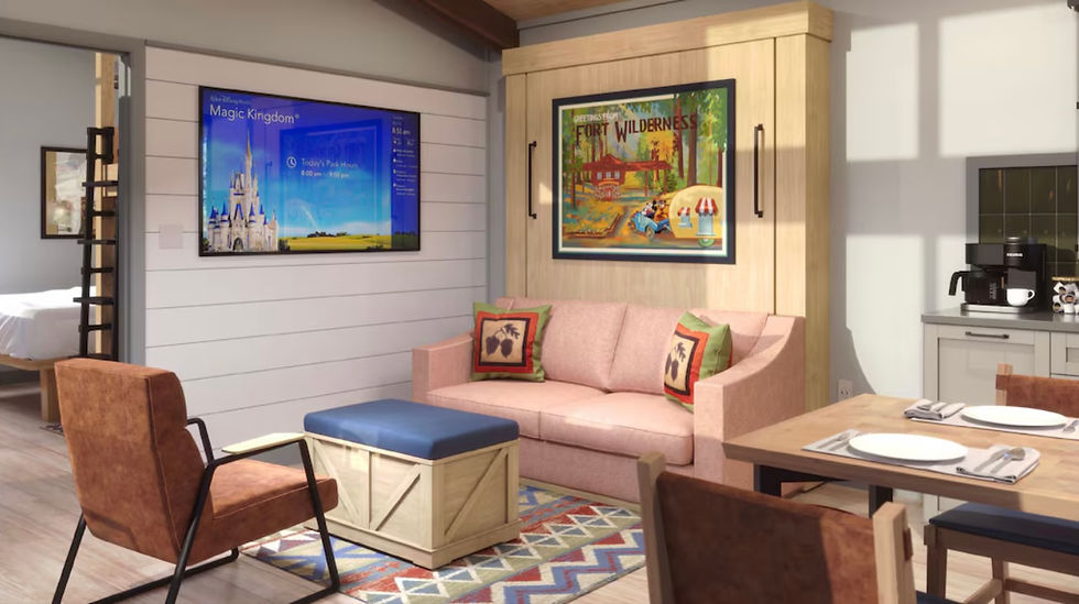 modern and outdoor inspired living room with couch and tv in the Disney Vacation Club cabins at Disney World