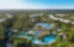 Aerial view overlooking the vibrant blue pools, water slides, and hotel towers surrounded by lush vibrant jungle