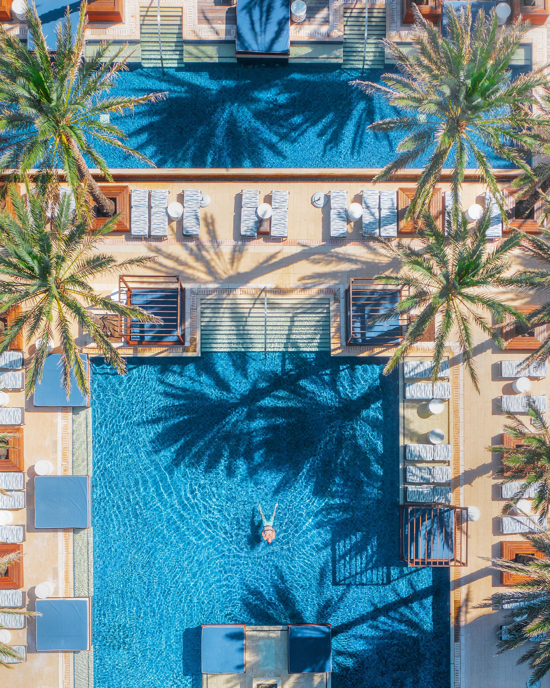 aerial view looking down at a man swimming in a pool surrounded by palm trees and day beds 
