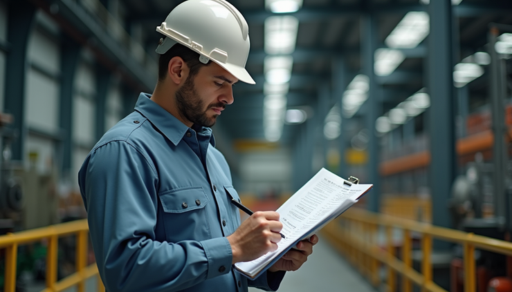 Eye-level view of a safety officer reviewing a workplace safety checklist in an industrial setting