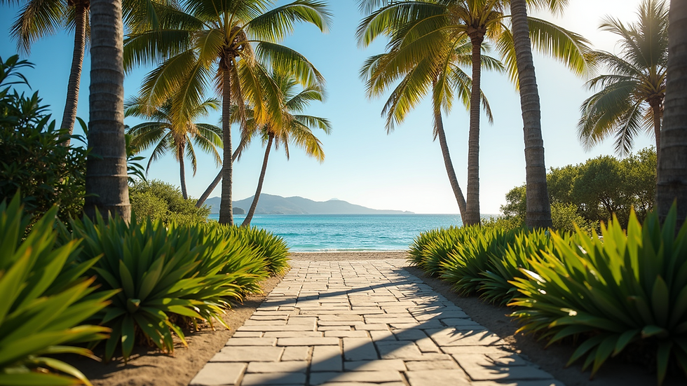 Close-up view of a scenic coastal path lined with palm trees