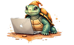 A picture of a turtle with a cap on his head working on a computer