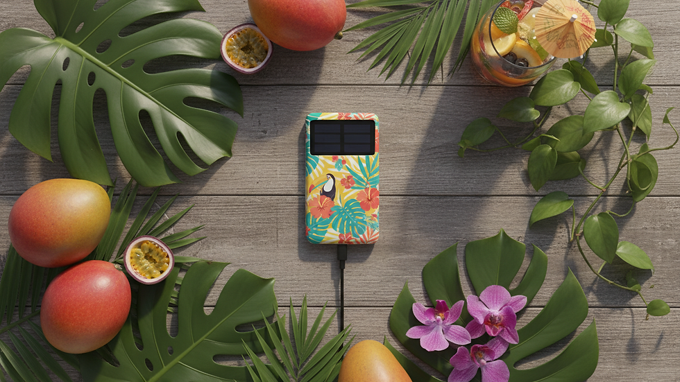 Vue en plongée d'un chargeur solaire pour smartphone posé sur une table en bois