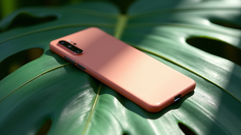 smartphone rose sur feuille monstera