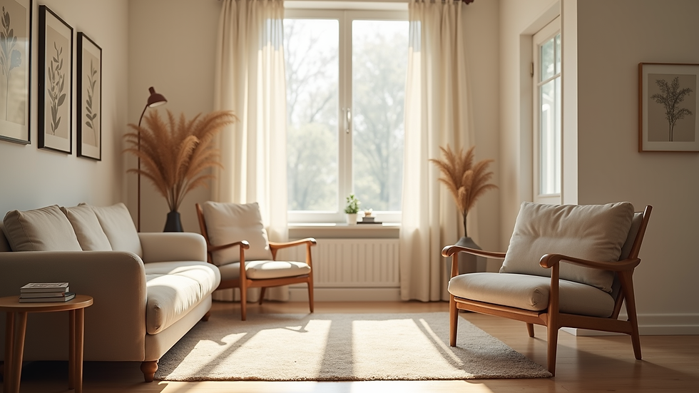 Eye-level view of a serene therapy room with comfortable seating