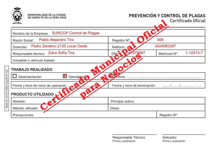 Certificado Municipal de Control de Plagas