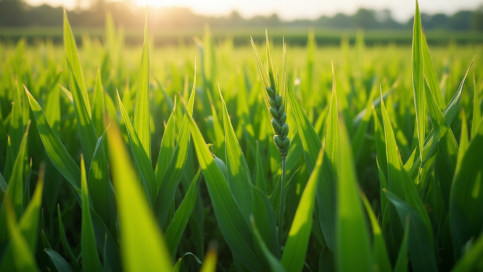 Eye-level view of a lush green field with cover crops