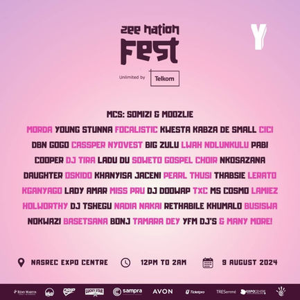 Festival lineup poster displaying multiple artist names in bold typography against a vibrant pink background.