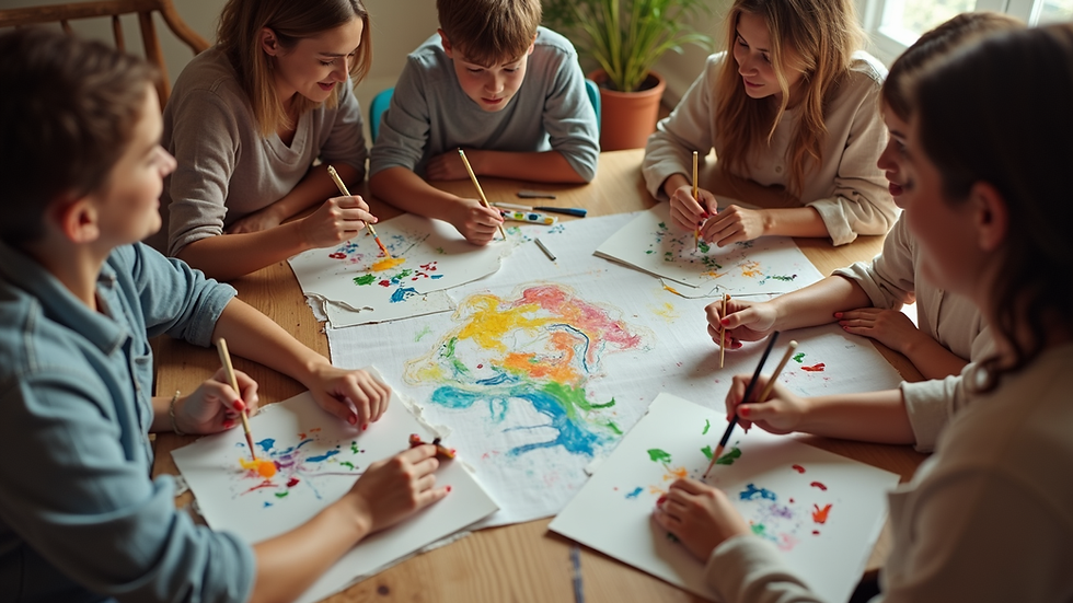 High angle view of a group of friends painting together using DIY art kits