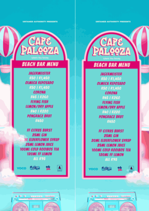 Event bar and food menu design with bright colours and stylised layout for a themed event.