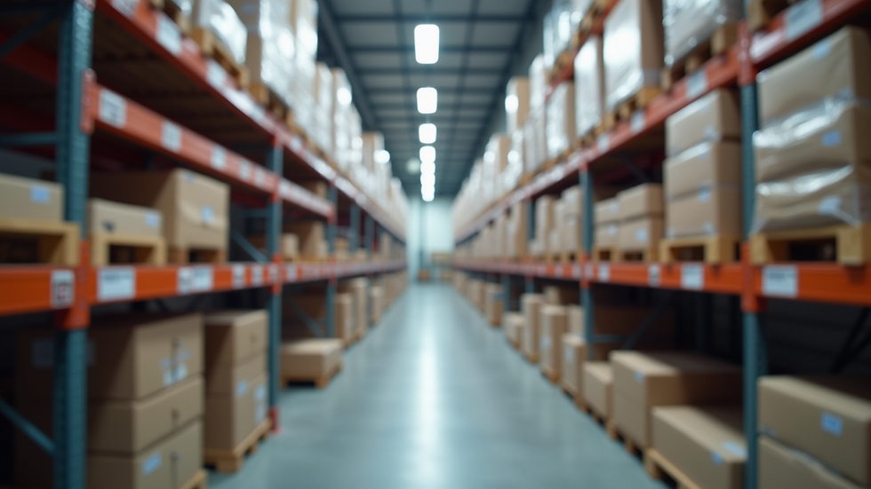 Close-up view of a warehouse aisle with neatly arranged shelves and clear signage