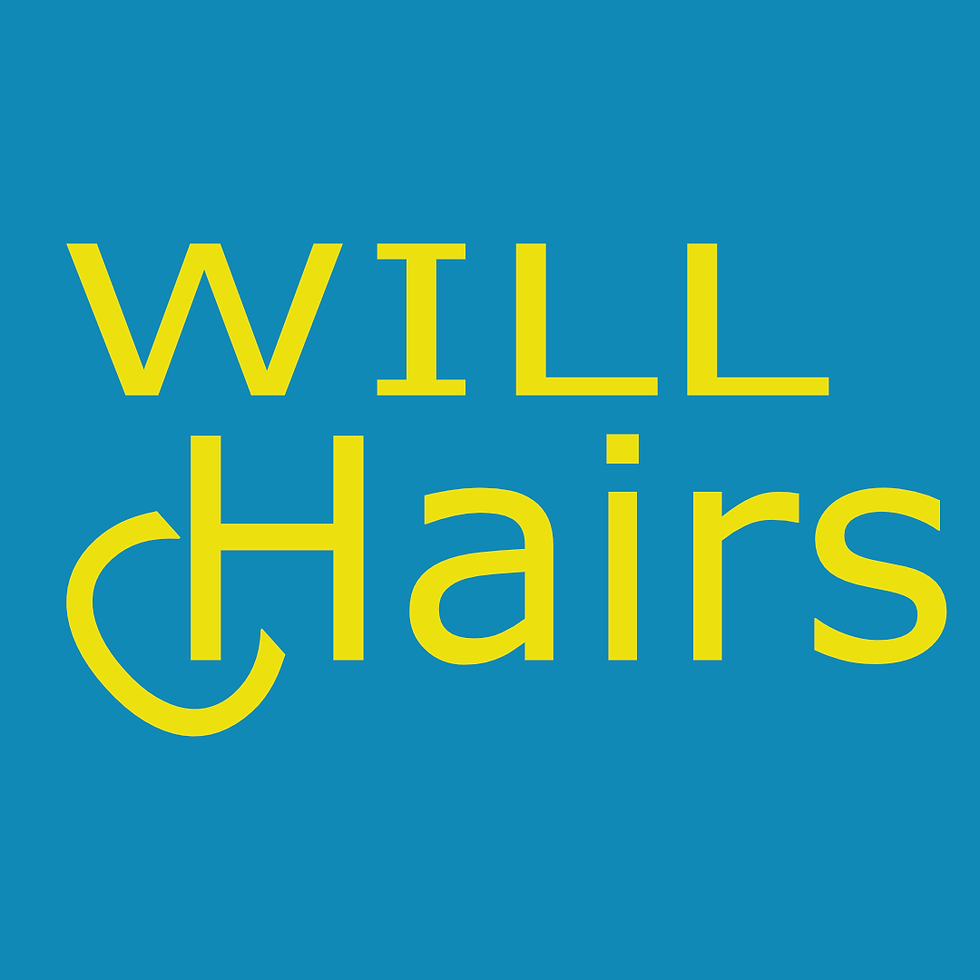 Yellow text "WILL Chairs" on a blue background, featuring distinctive lettering. No other objects or actions present.
