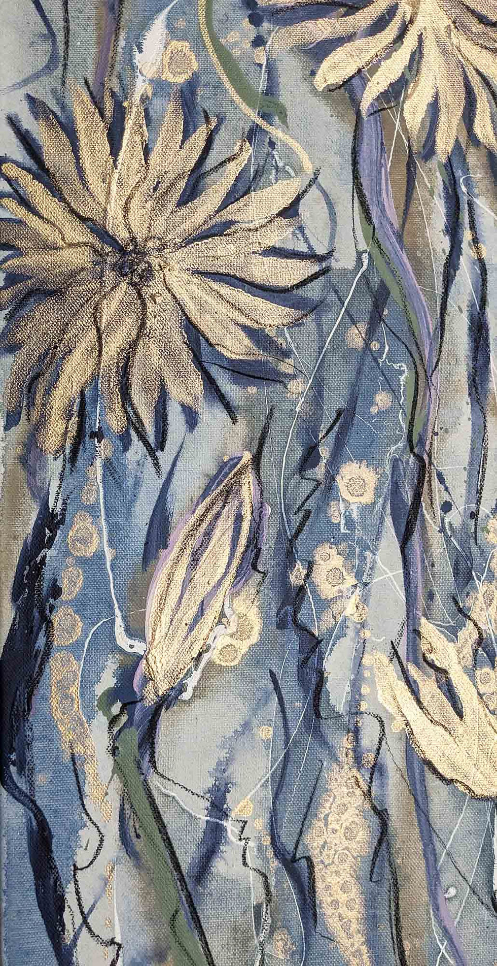 Thumbnail: Midnight Bloom in Denim Blue 2 - Gold Floral Painting