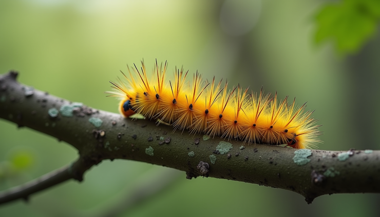 Vue rapprochée d'une chenille processionnaire sur une branche d'arbre