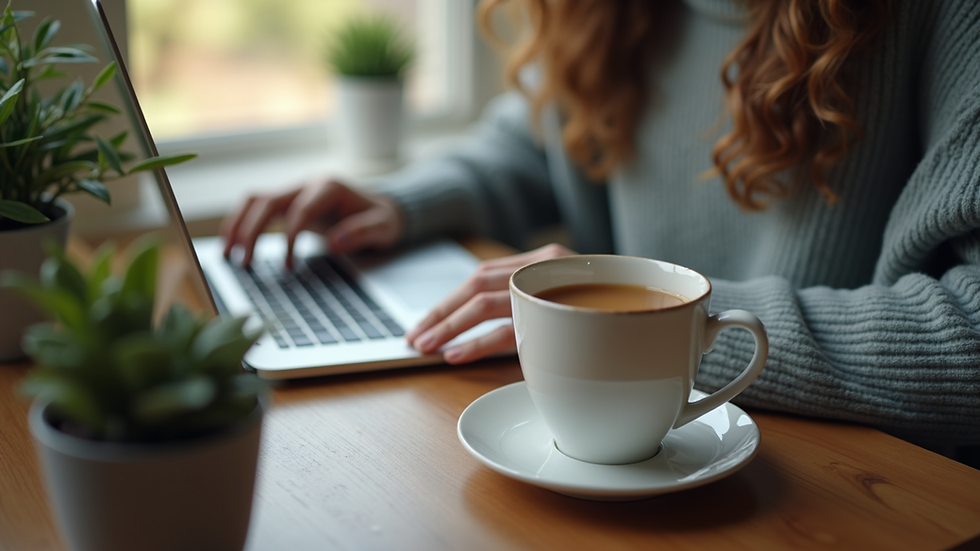 Eye-level view of a person sitting alone at a home desk with a laptop and a cup of tea