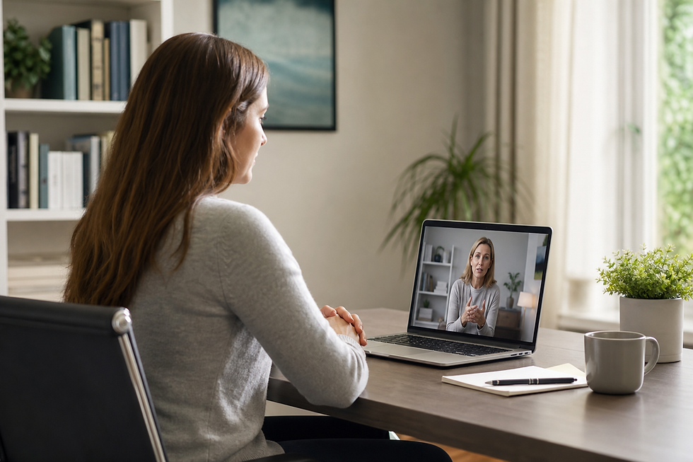 Adult participating in a private telehealth mental health evaluation from home