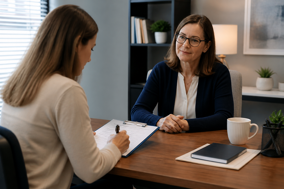 Adult completing a structured mental health questionnaire while a clinician observes in a professional office