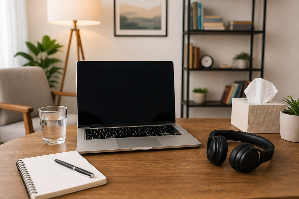 Private workspace prepared for a remote mental health evaluation with laptop, notepad, and headphones