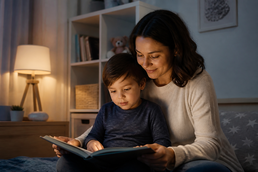 Parent reading with a young child in a calm evening moment that conveys safety and emotional support