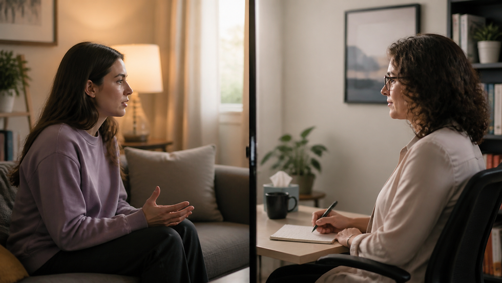 “Mental health professional conducting a respectful clinical interview through secure telehealth.”
