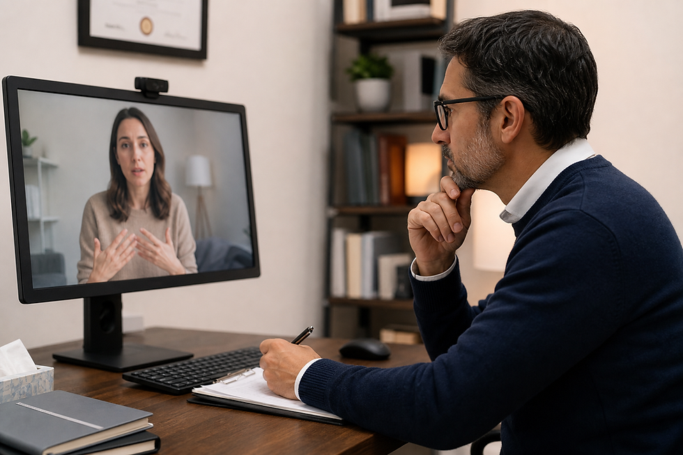 Mental health clinician conducting a remote evaluation and taking notes during a video appointment