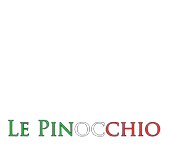 Logo blanc avec texte Le Pinocchio en vert et rouge, illustration. Le Pinocchio