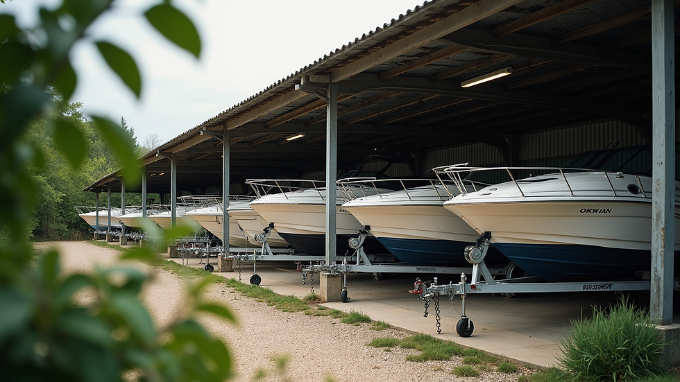 Close-up view of a covered outdoor storage area with boats parked underneath