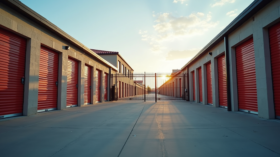 Eye-level view of a secure self-storage facility with gated access