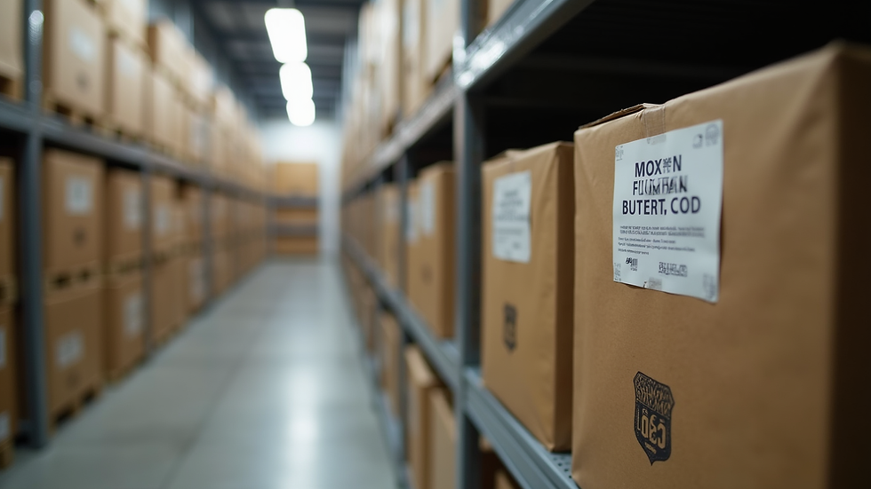 Close-up view of labeled storage boxes stacked neatly in a storage unit