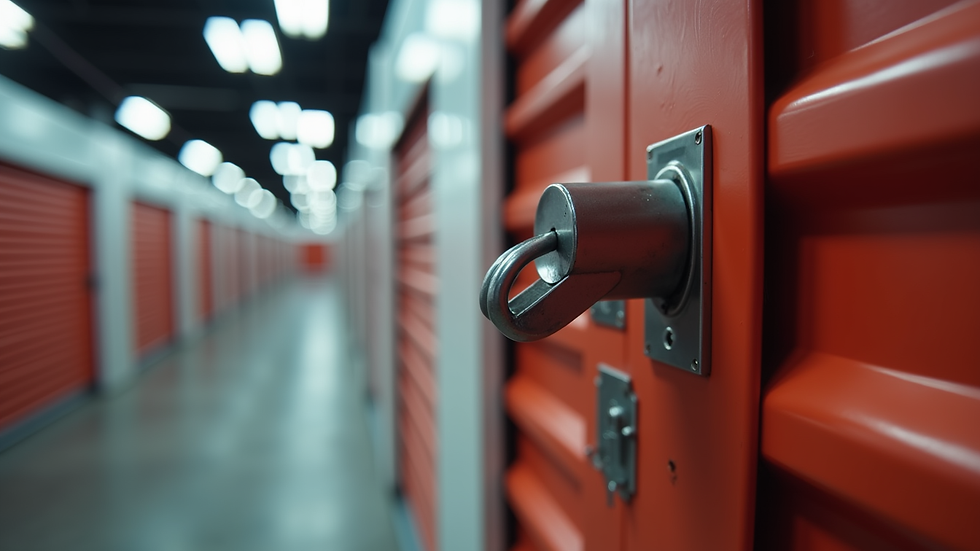 Close-up view of a heavy-duty lock securing a storage unit door