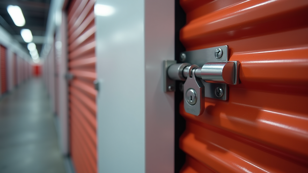 Close-up view of a storage unit door with a secure lock