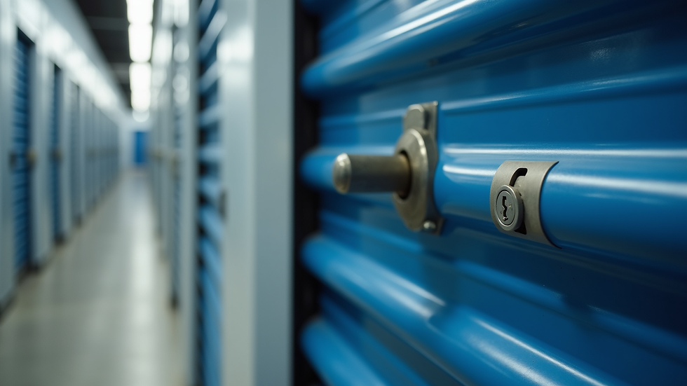 Close-up view of a storage unit door with a secure lock