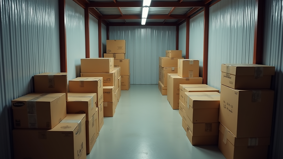 High angle view of a 5x10 storage unit interior with stacked boxes and furniture