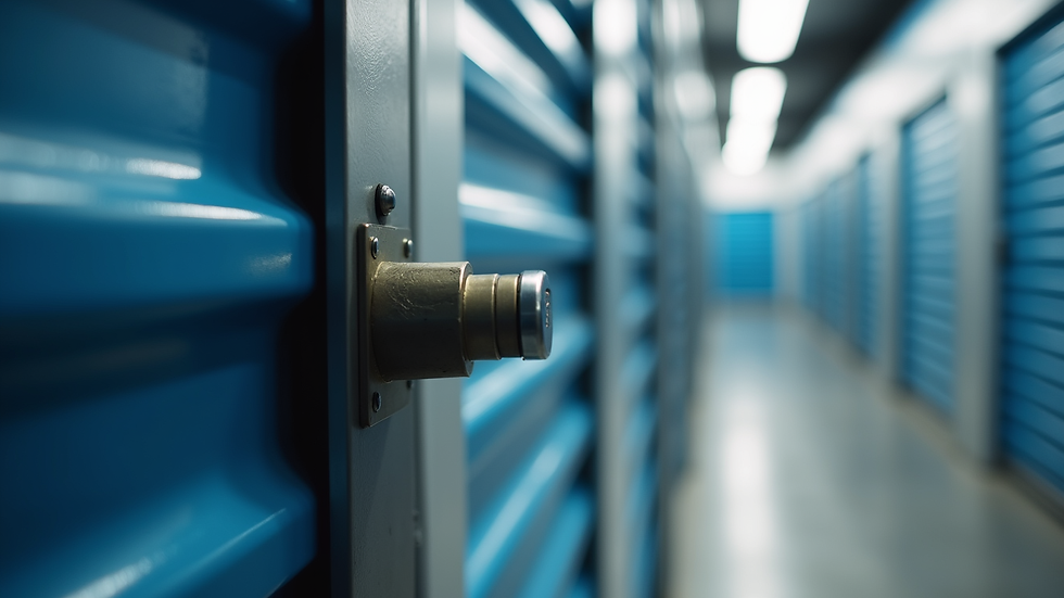 Close-up view of a secure storage unit door with a heavy-duty lock