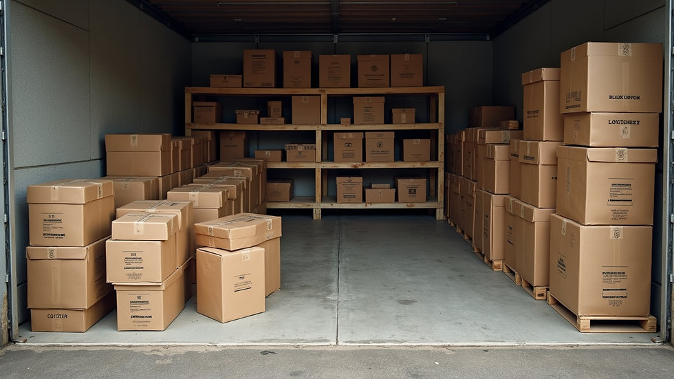 High angle view of organized outdoor storage with labeled boxes and shelves