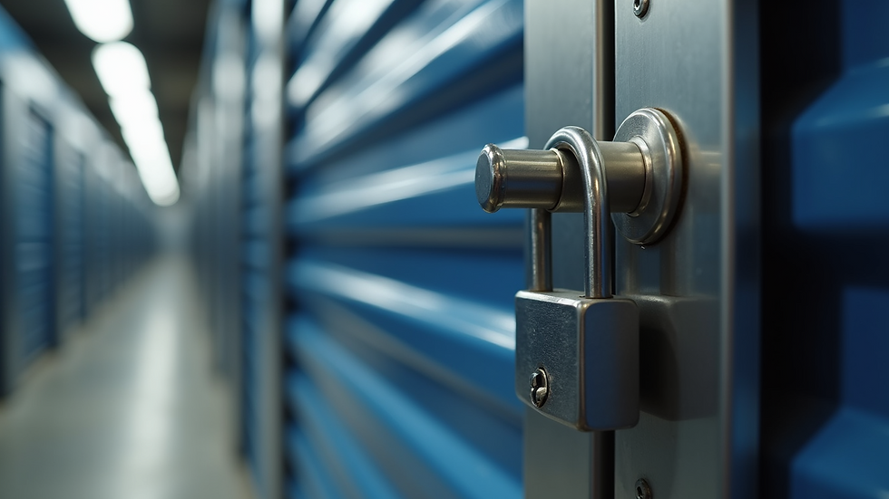 Close-up view of a secure lock on a storage unit door
