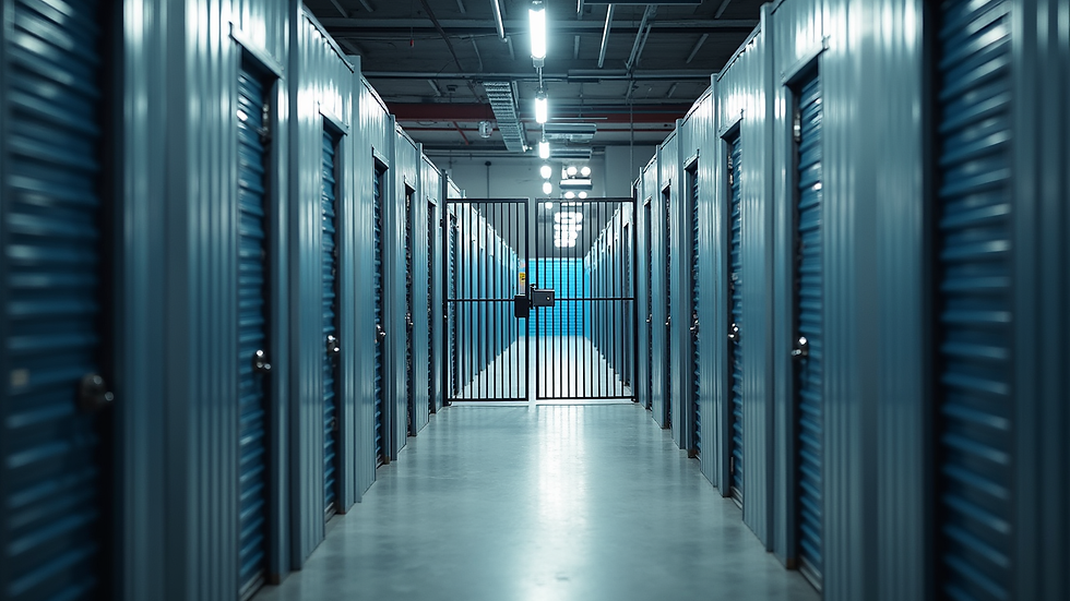Eye-level view of a secure storage facility entrance with a gated access system