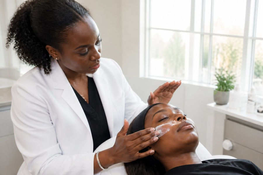 A dermatologist with melanated skin applying broad-spectrum sunscreen to a patient's face in a bright, modern clinic room, natural window lighting