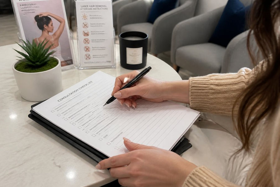Close-up of prospective patient's hands holding a pen and writing detailed questions on a consultation checklist in a bright clinic waiting area, with laser hair removal aftercare instructions visible on the table
