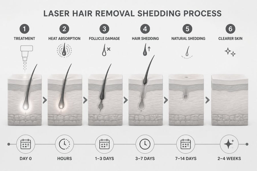 Close-up of skin showing fine hair texture and natural shedding process after laser treatment, with warm professional lighting highlighting treated area