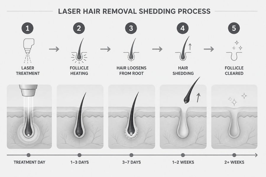 Close-up of skin showing fine hairs beginning to shed from follicles after laser treatment, demonstrating normal post-treatment hair removal process