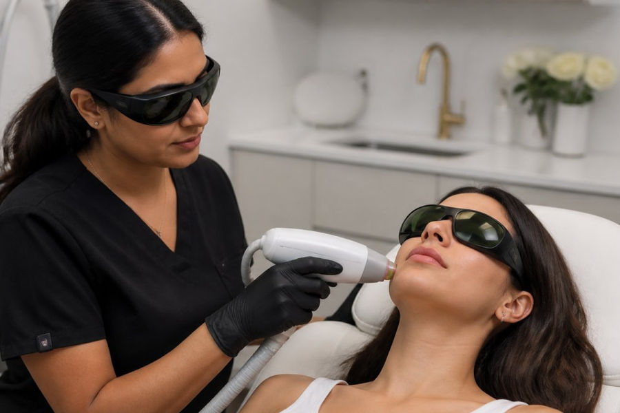 Professional demonstrating laser hair removal for face technique in modern clinical setting with natural lighting
