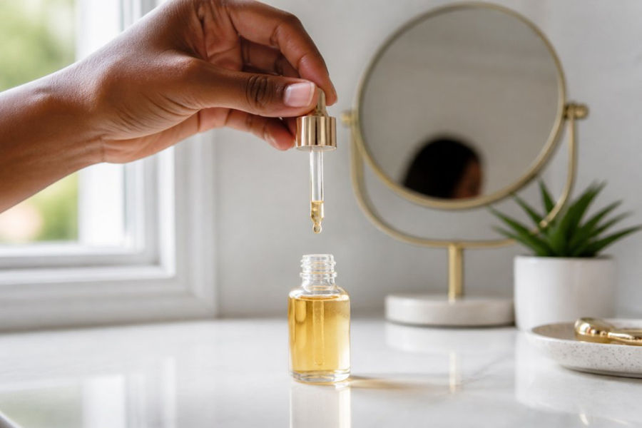 A hand holding a glass dropper of golden serum above a clean white counter, a round mirror and a small green plant softly blurred in the background, bright natural window light