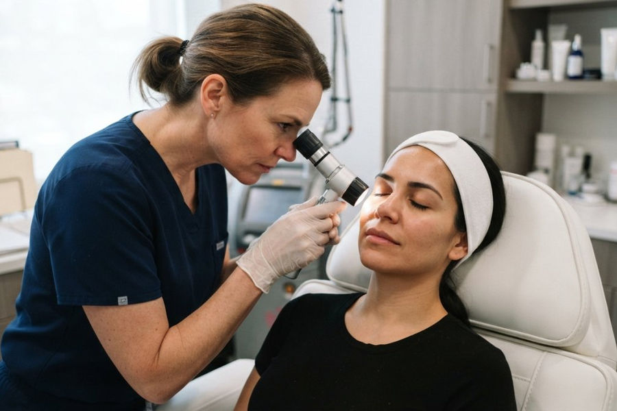 Dermatologist performing an advanced aesthetics clinical skincare assessment on a patient using specialized lighting