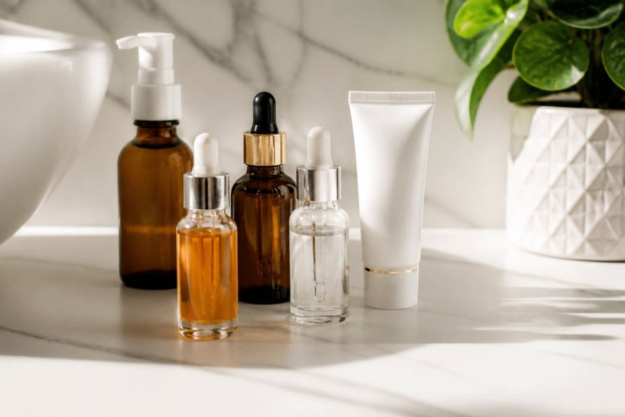 Close-up of skincare product bottles and serums arranged on a clean white bathroom counter, including a vitamin C serum and SPF moisturizer, with warm natural lighting casting soft shadows across the labels