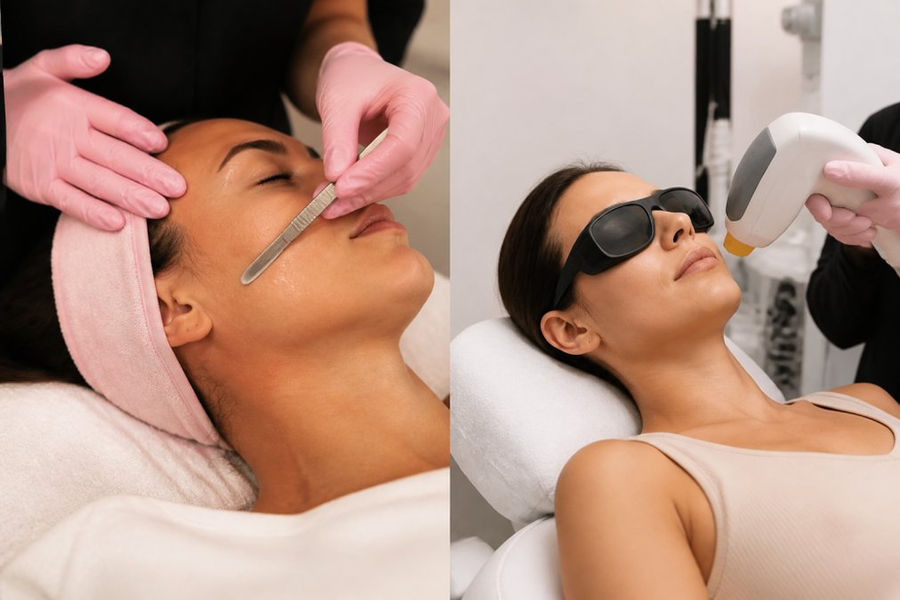 Aesthetician performing dermaplaning treatment on client's face using precise blade technique with proper lighting and sterile procedure