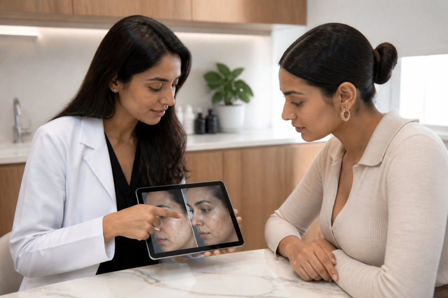 A dermatologist consulting with a patient in a modern clinic, pointing to a skin assessment on a tablet, with both people engaged in conversation